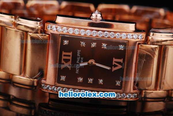 Patek Philippe Quartz Movement Diamond Bezel with Brown Dial and Full Rose Gold-Lady Size - Click Image to Close